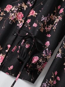 Rusticease 休閒鄉村風浪漫優雅度假條紋袖口蝴蝶結女款兩件套 早午餐穿搭 粉色與白色秋季粉色花卉 - 黑色 - 查看 5