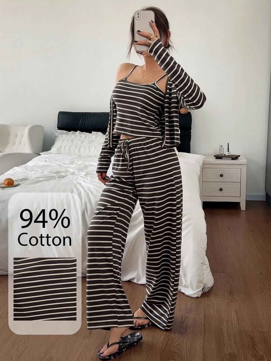 Napfluff Women's Cotton Striped Sexy Pajama Set, Camisole Casual Loungewear 3 Pieces Set - Chocolate Brown - View 1