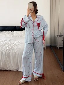 SHEIN Sweet Striped Pajamas Women Autumn New Long Sleeve Loose Fit Homewear 2 Pieces Set - Blue - View 3