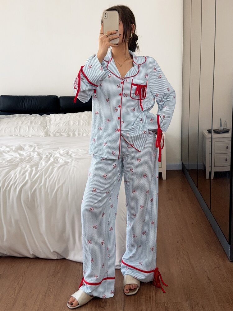 SHEIN 甜美條紋女款秋季新款長袖寬鬆居家服 2 件套睡衣 - 藍色 - 查看 3