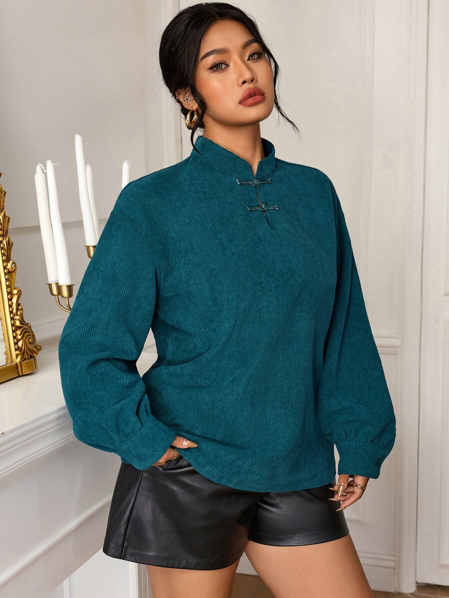 EastFlair Plus Size Women's Elegant Long Sleeve Top With Frog Button Front Fall - Green - View 1