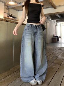 DAZY Women's Cuffed Design Splatter Print Straight Leg Street Casual Denim Jeans - Light Wash - View 2