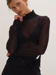 MUSEYN Black Sheer Knit Long Sleeve Silver Trim Detail Top Versatile Everyday Date Night Chic New Season Fall - Black - View 5