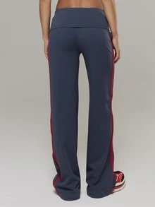 Musera Sport Foldover Waist Contrast Side Stripe Seamless Straight Wide Yoga Style Coord Pant Active Outdoors Workout Gym Terra Peak - Dusty Blue - View 4