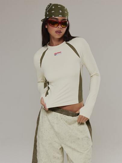Musera Sport Top coordinado de manga larga con cuello redondo ajustado, paneles de color contrastante y logo delantero, para actividades al aire libre, entrenamiento y gimnasio, Terra Peak