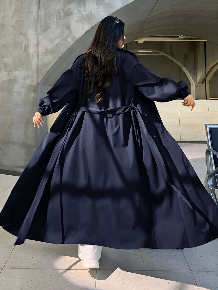 Muchica Plus Size Casual Khaki Long Trench Coat, Autumn/Winter Airport Fashion - Navy Blue - View 2