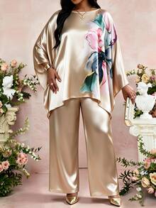 SHEIN Lady CURVE 大尺碼女款花卉印花上衣與長褲休閒日常兩件套 - 彩色 - 查看 5