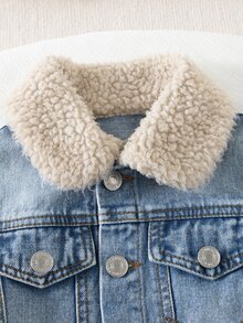 Boys INS Style Washed Blue Denim 2pcs Set, Korean Fashion Lamb Fleece Lapel Jacket With Elastic Waist Long Pants Outfit - Light Wash - View 4