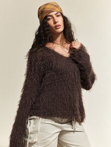 SoleilVie Sweater Wanita Vintage Berbulu, Nyaman untuk Dipakai Sehari-hari - Coffee Brown - View 6