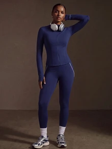 Zivah Women's Solid Color Zip-Up Long Sleeve Top And Leggings Casual Daily Sports Set - Blue - View 7