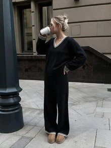 Flora Isola Flora Isola Women's Casual Minimalist V-Neck Loose Knit 2 Pieces Set - Black - View 6