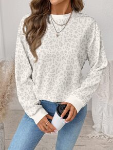 SHEIN LUNE 女款休閒淺色豹紋圓領衛衣，適合秋冬穿著 - 白色 - 查看 7