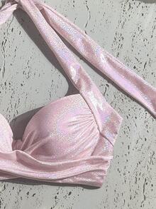 SHEIN Swim 夏季海灘扭結式聚攏胸型掛脖比基尼上衣 - 粉色 - 查看 6