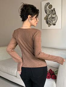 Feyla New Design Lace Patchwork V-Neck Slim Fit Flattering Elegant Base Layer Party T-Shirt Top - Brown - View 6