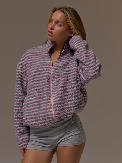 Musera Sport Stripe Borg Funnel Zip Through Oversized Elastiacted Hem Sweatshirt Fleece Cute Girly Autumn Winter Fall Gym Holiday Dainty Ice