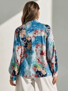 Chikora 大尺碼優雅前綁帶長袖襯衫，綠色上衣，適合辦公室、休閒、職場穿著 - 彩色 - 查看 2