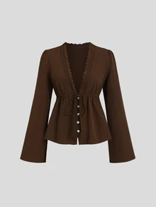 Sweetra Women's New Fashion Versatile A-Line V-Neck Petal Sleeve Blouse With Lace Trim, Long Sleeve, Front Button Opening - Brown - View 1
