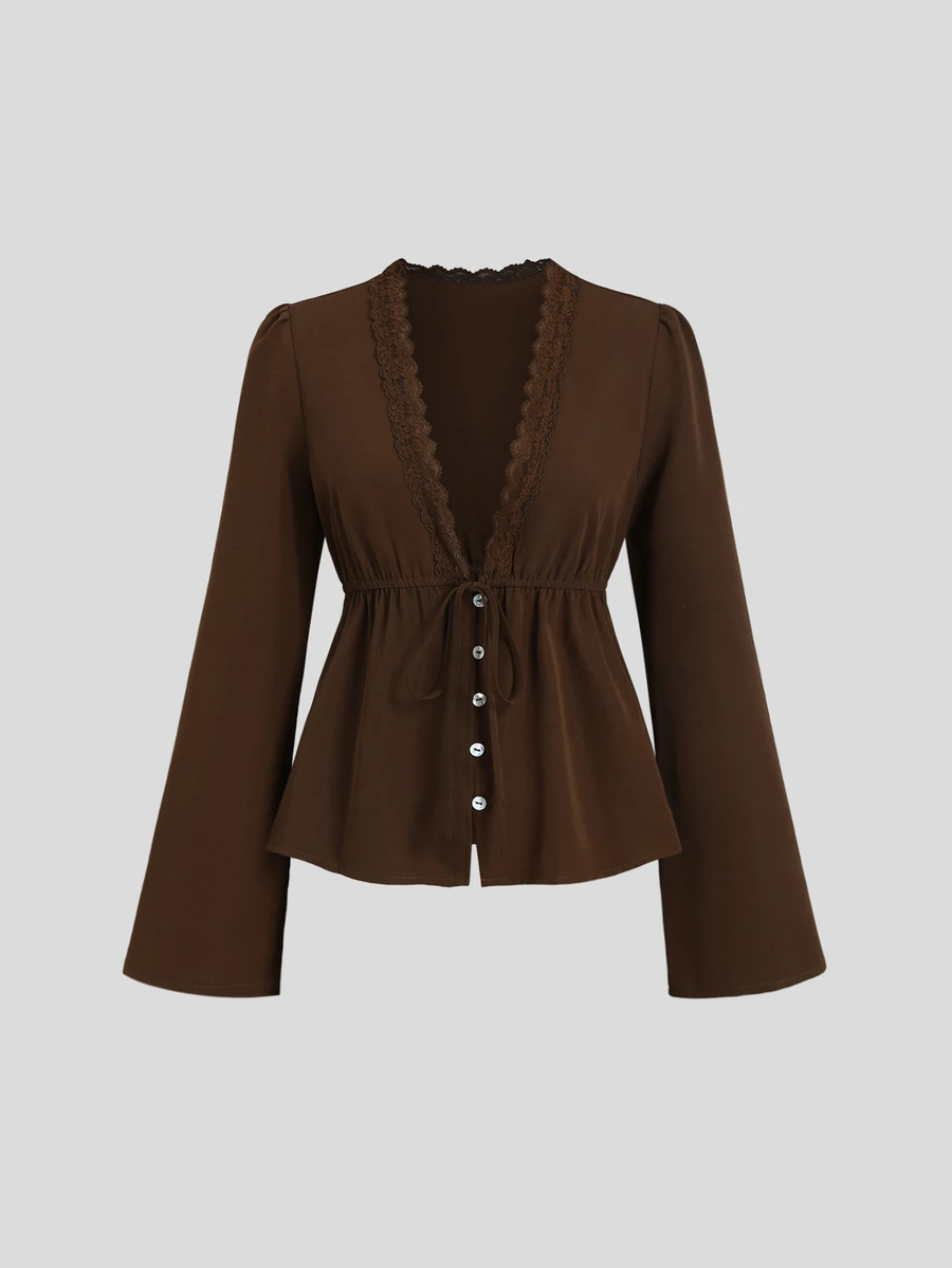 Sweetra Women's New Fashion Versatile A-Line V-Neck Petal Sleeve Blouse With Lace Trim, Long Sleeve, Front Button Opening - Brown - View 1