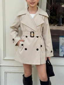 SHEIN 少女優雅雙排扣繫帶風衣法式風格秋冬服飾 - 卡其色 - 查看 10