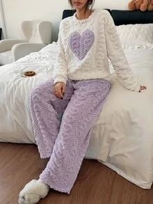 Napfluff Embroidered Heart Jacquard Long Plush Casual Women's Pajama Set - Purple - View 7
