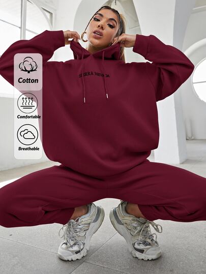 SHEIN Plus Cotton Letter Embroidery Drop Shoulder Drawstring Hoodie & Sweatpants