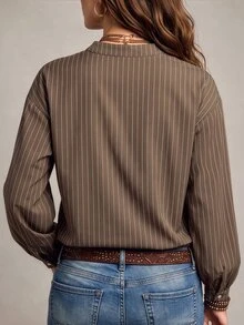 Linhara CURVE Plus Size Casual Brown Striped V-Neck Lace Patchwork Long Sleeve Blouse - Coffee Brown - View 2