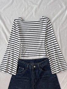 SHEIN 青少年女孩藍色與白色條紋長袖針織T恤童裝 - 黑色 - 查看 7