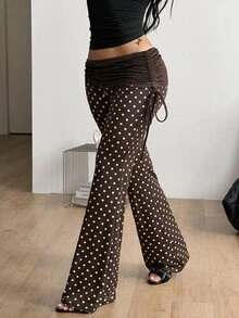 Coolane 女款黑色街頭風百搭復古側抽繩 Y2K 喇叭長褲 - 棕色 - 查看 3