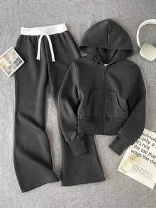 SHEIN 兒童青少年女孩秋冬休閒復古時尚抓絨內裡加厚連帽衛衣套裝，寬鬆連帽拉鍊衛衣配貼袋與對比抽繩腰寬腿直筒運動長褲，2件式運動衛衣套裝，深灰色 - 深灰色 - 查看 1