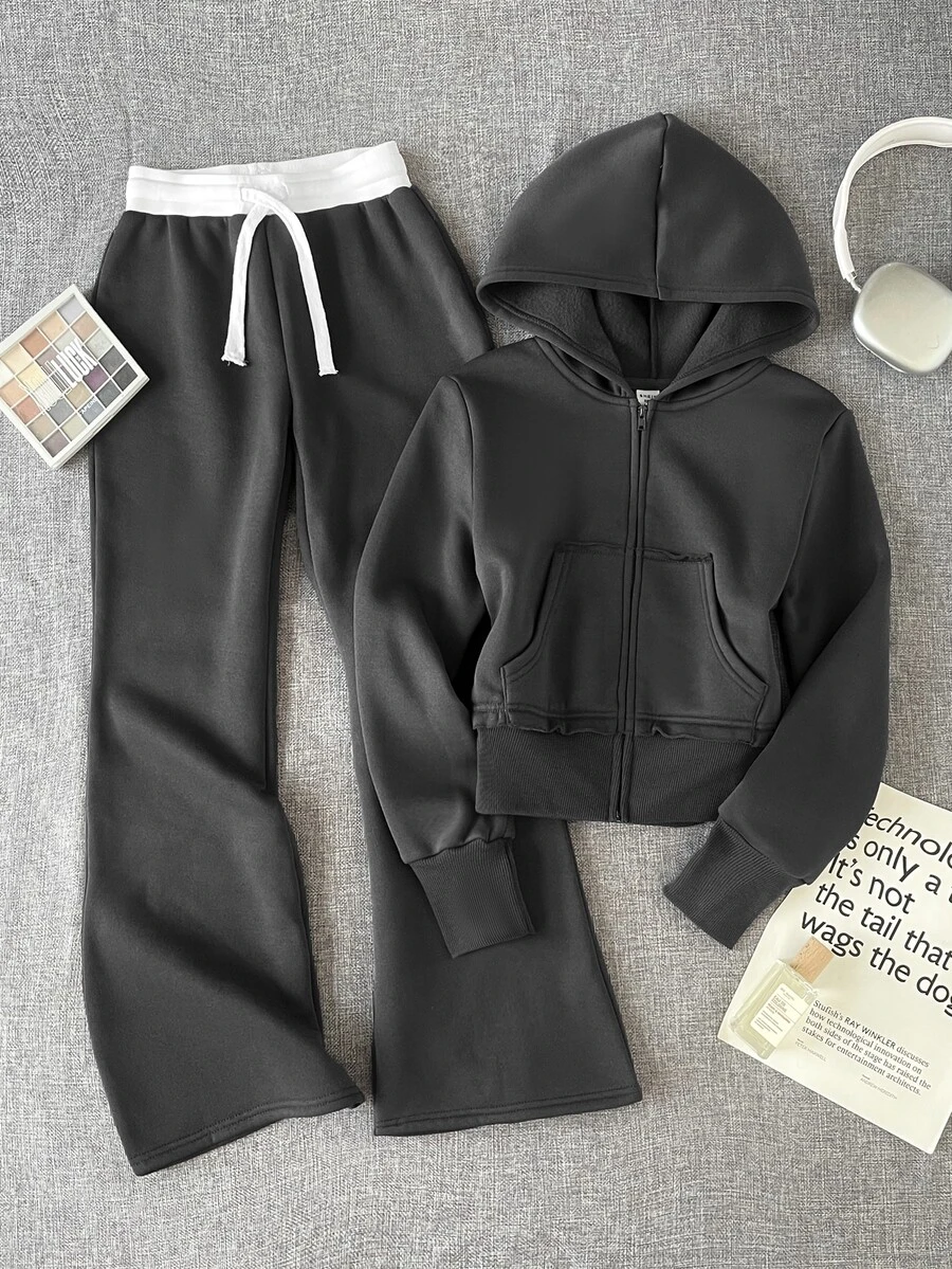 SHEIN 兒童青少年女孩秋冬休閒復古時尚抓絨內裡加厚連帽衛衣套裝,寬鬆連帽拉鍊衛衣配貼袋與對比抽繩腰寬腿直筒運動長褲,2件式運動衛衣套裝,深灰色 - 深灰色 - 查看 1