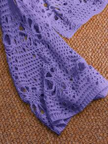CosyJoli Plus Size Solid Color Hollow Knit Sweater Fall - Purple - View 5