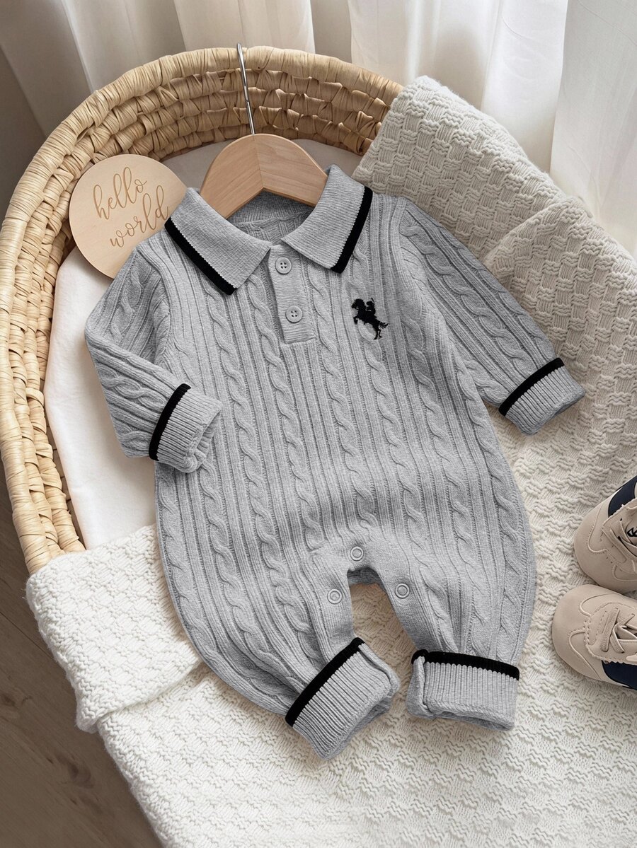 LMoss Kids Baby Boy Knitted Colorblock Collared Half-Button Casual Autumn Sweater Romper - Multicolor - View 1