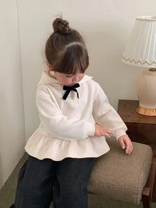 DAZY Infant (Girl) Solid Color Bow Hooded Long Sleeve Sweatshirt Winter - White - View 7