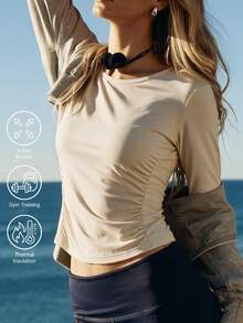 SHEIN Women's Solid Color Long Sleeve Pleated Casual Outdoor T-Shirt - Beige - View 1