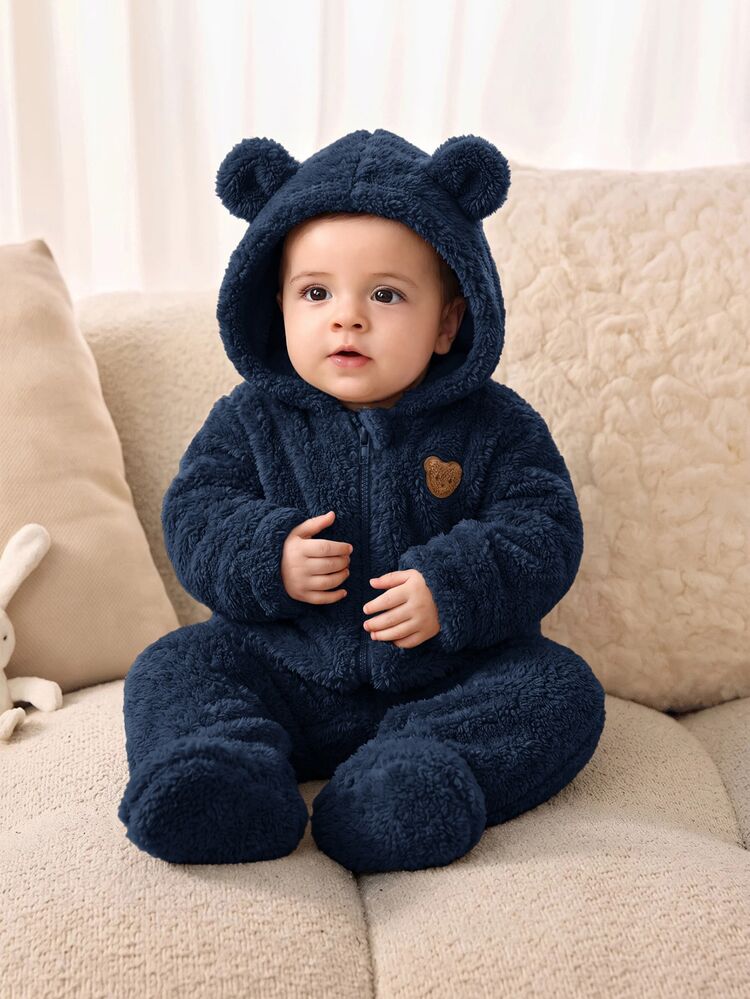 SHEIN Newborn Baby Boy Baby Girl Autumn/Winter Cute Cartoon Pattern Fuzzy Hooded Footed Romper - Navy Blue - View 3