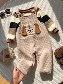 SHEIN 中性嬰兒男嬰/女嬰、幼兒 2 件組秋冬抓絨加厚可愛條紋運動衫套裝，小狗圖案吊帶褲套裝，嬰兒冬季衣物，聖誕 - 鏽棕色 - 查看 3