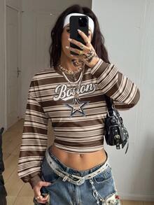 Coolane 女款長袖短版腰部上衣運動衫，胸前星星印花圖案，棕色條紋，學院風返校校園穿搭社團服飾，青年休閒街頭風，酷感極簡機車工裝風，時尚Y2K - 白色 - 查看 3