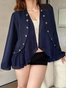 Vibekara Vintage Stand Collar Double-Breasted Short Jacket For Women, Flared Long Sleeve Asymmetrical Ruffle Hem Cinched Waist Sexy Jacket Fall - Navy Blue - View 3