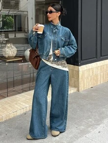 DAZY Women's Zipper Front Drop Shoulder Long Sleeve Jacket And Pants Casual Denim Set - Medium Wash - View 5
