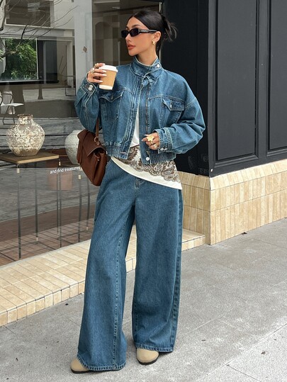 DAZY Women's Zipper Front Drop Shoulder Long Sleeve Jacket And Pants Casual Denim Set