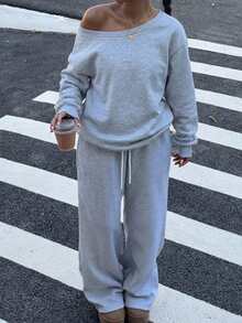 Muchica Autumn New Plus Size Women's Asymmetric Shoulder Plus Size Fluffy Fleece Elastic Loose Casual Sweatshirt And Sweatpants 2 Pieces Set - Light Grey - View 3