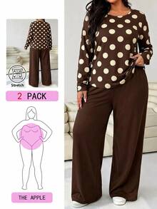 Solflare Setelan Kasual Dua Potong Kaos Lengan Panjang Leher Bulat Motif Polkadot Wanita Ukuran Besar dan Celana Panjang - Pakaian Rumahan Nyaman untuk Musim Gugur/Musim Dingin - Coklat - View 2