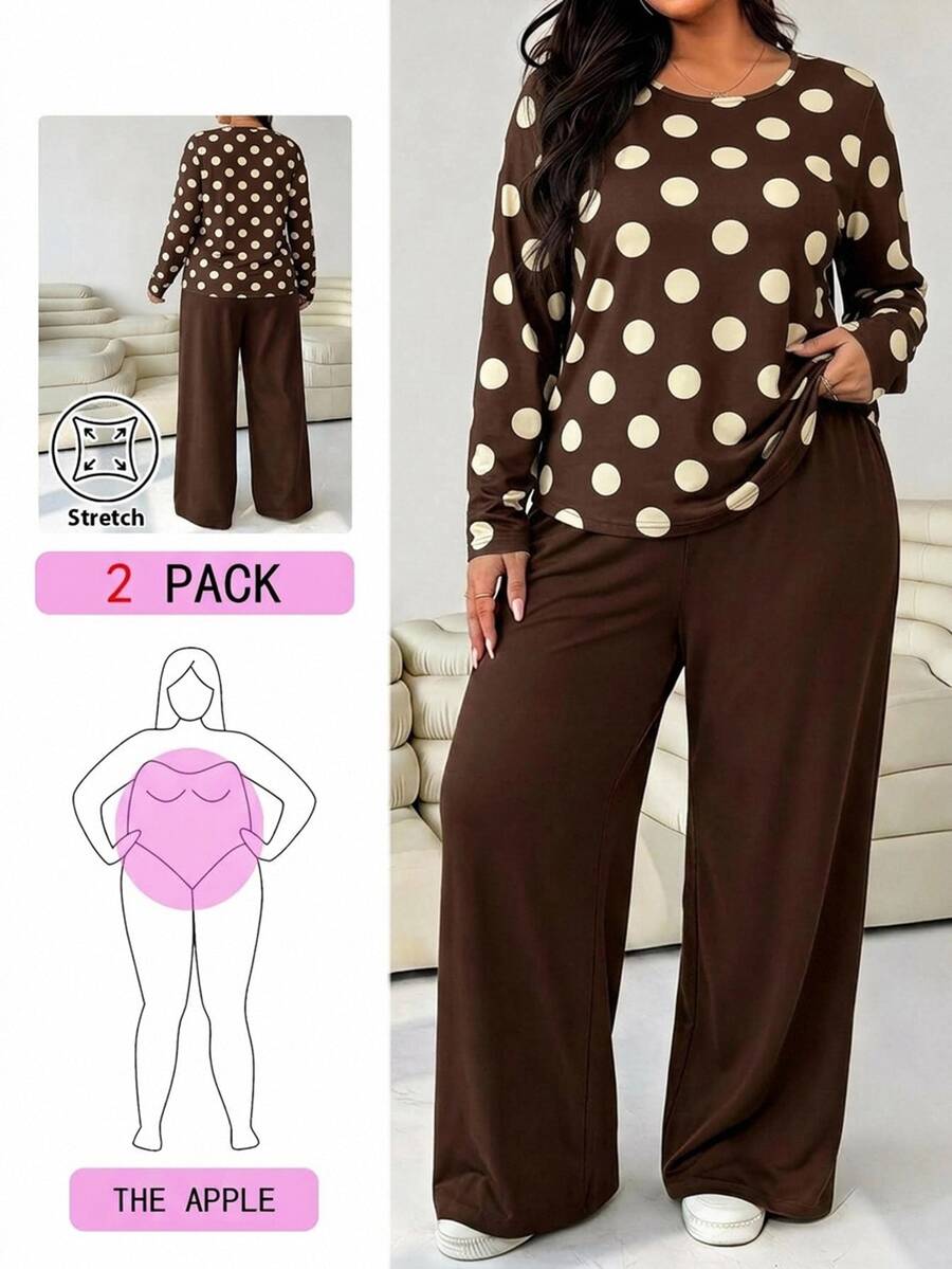 Solflare Setelan Kasual Dua Potong Kaos Lengan Panjang Leher Bulat Motif Polkadot Wanita Ukuran Besar dan Celana Panjang - Pakaian Rumahan Nyaman untuk Musim Gugur/Musim Dingin