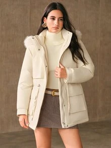 Anewsta Women's Padded Coat With Large Pockets And Drawstring Hood - Beige - View 1