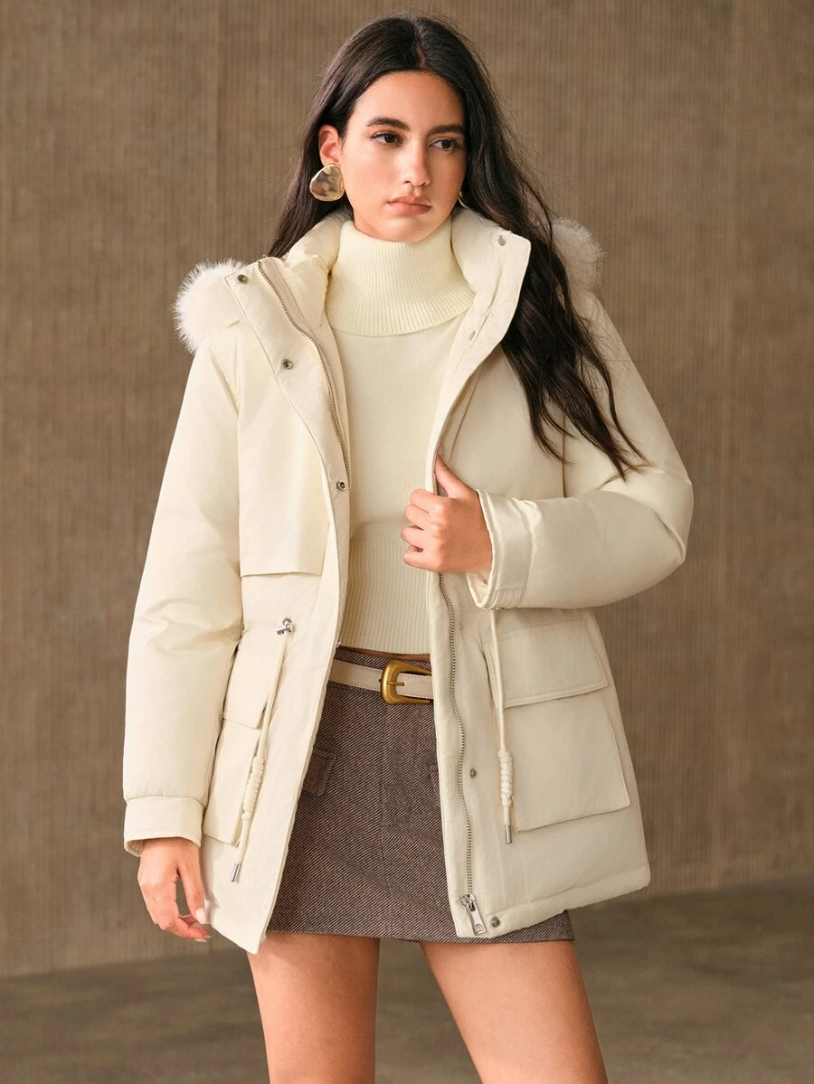 Anewsta Women's Padded Coat With Large Pockets And Drawstring Hood - Beige - View 1