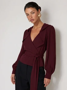 COSMINA Women's Hooded Wrap Balloon Sleeve Long Sleeve Blouse Top - Burgundy - View 4