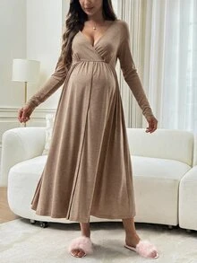 Slowluna Gaun Menyusui Hamil dengan Desain Lipit, Gaya Minimalis untuk Wanita Hamil dan Pasca Melahirkan - Coklat - View 4