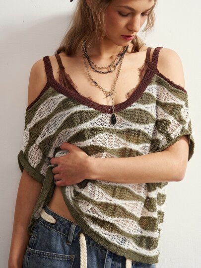 Bohemela Vintage Water Ripple Hollow-Out Cold Shoulder Knit Pullover Sweater,Perfect For Autumn,Vacation,Country Concert Outfit,Halloween
