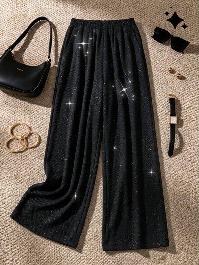Grovea Plus Size Black Textured Silver Metallic Shimmer Twill Wide Leg Pants Women Elastic High Waist Draped Long Pants Flattering Casual Pants