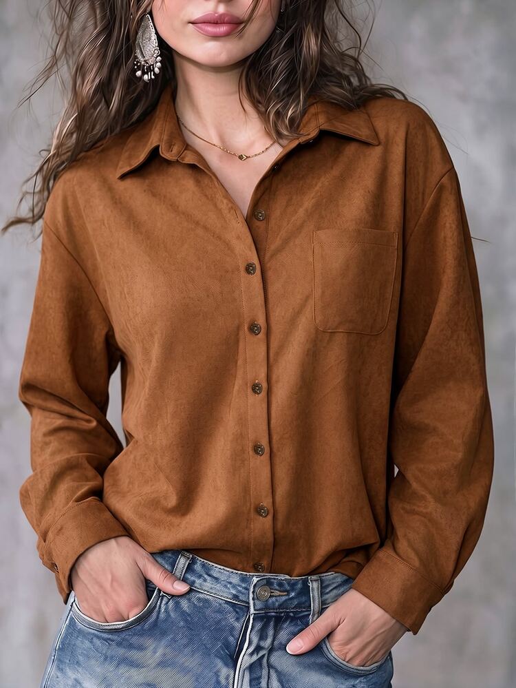 Linhara CURVE Plus Size Women Solid Color Casual Versatile Daily Wear Shirt - Brown - View 5